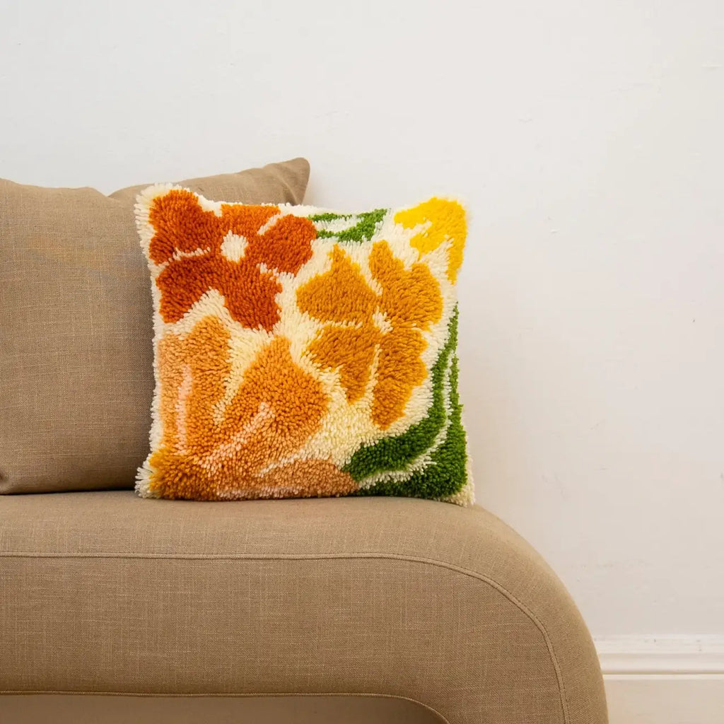 Latch Hook Cushion Kit with Earthy Floral Design, Pre-Sewn Suede-Style Backing and 43cm x 43cm Cushion Front