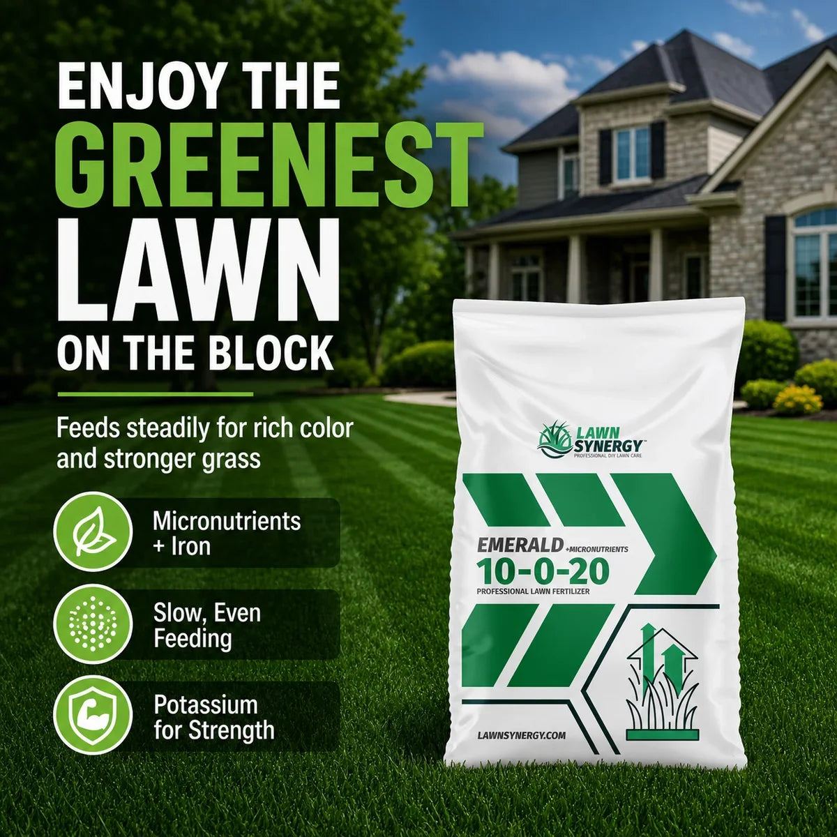 Lawn Fertilizer 10-0-20 with Controlled-Release Nitrogen, Added Iron and Extra Potassium for Established Turf