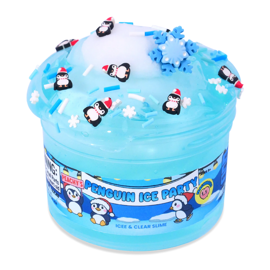 Layered Slime Float with Clear and Icee Textures That Mix into Soft Jelly Slime and Penguin Sprinkles