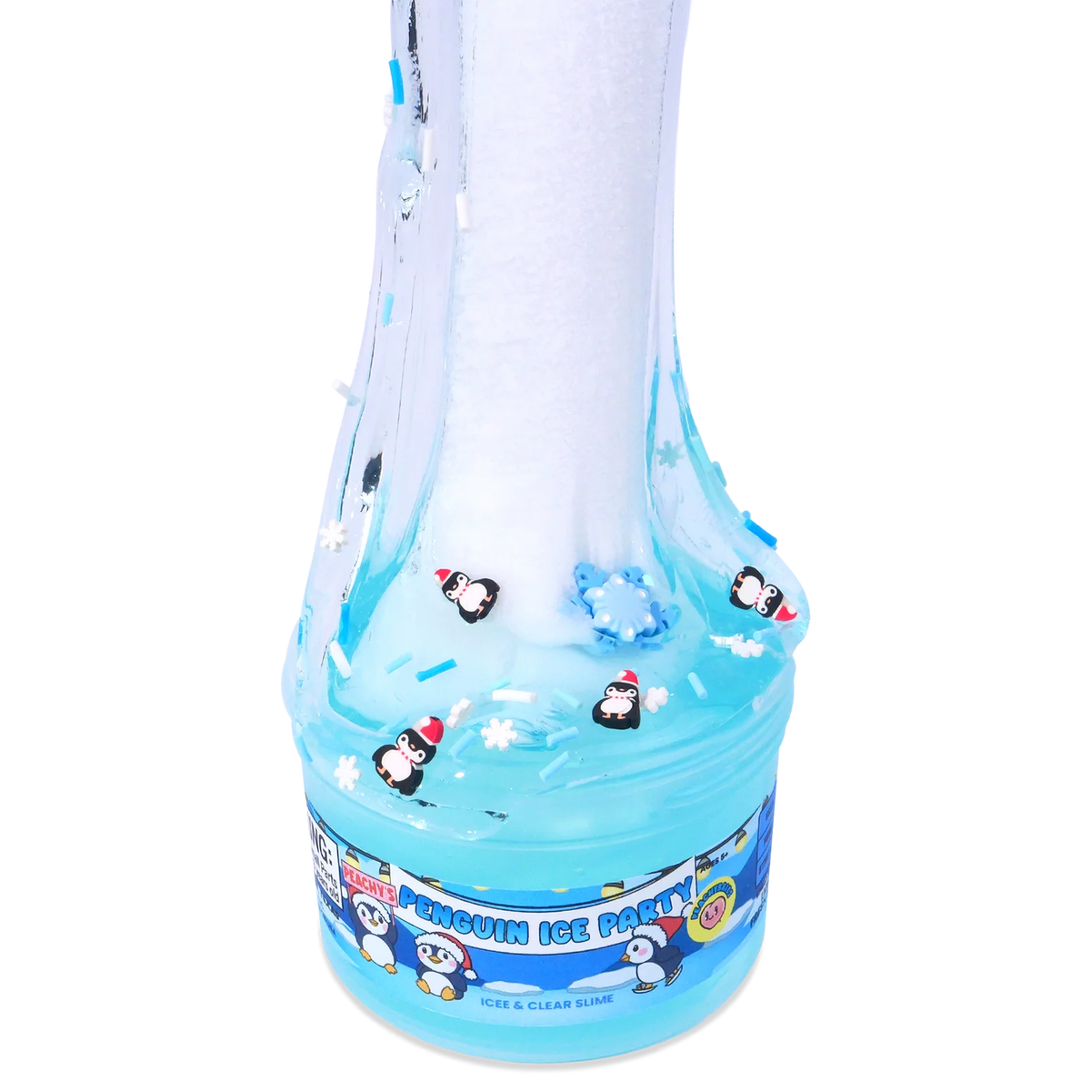 Layered Slime Float with Clear and Icee Textures That Mix into Soft Jelly Slime and Penguin Sprinkles