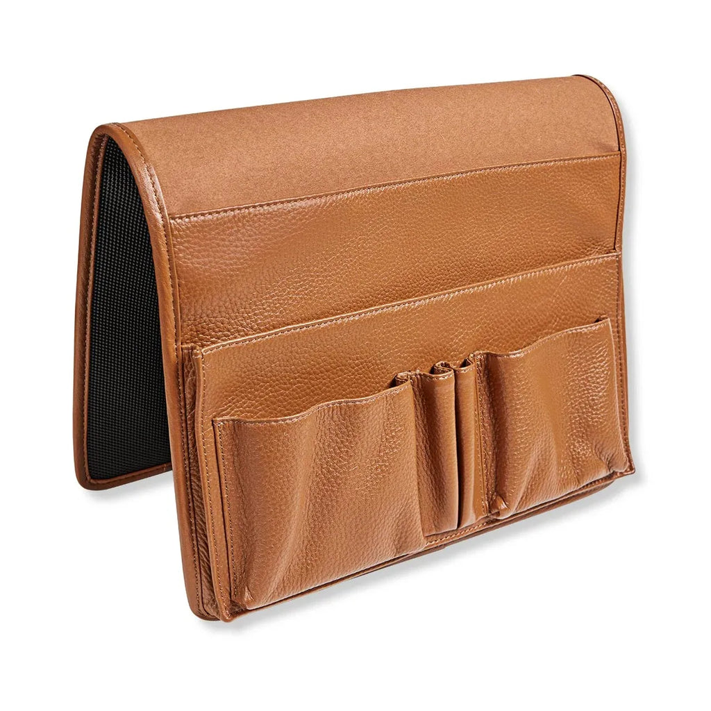 Leather Bedside Organizer with Microsuede Lining for Reading Essentials Beside Your Bed or Sofa — British Tan