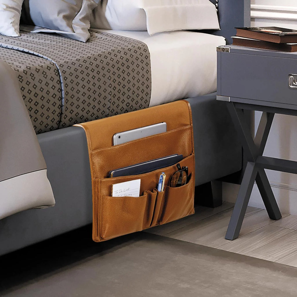 Leather Bedside Organizer with Microsuede Lining for Reading Essentials Beside Your Bed or Sofa