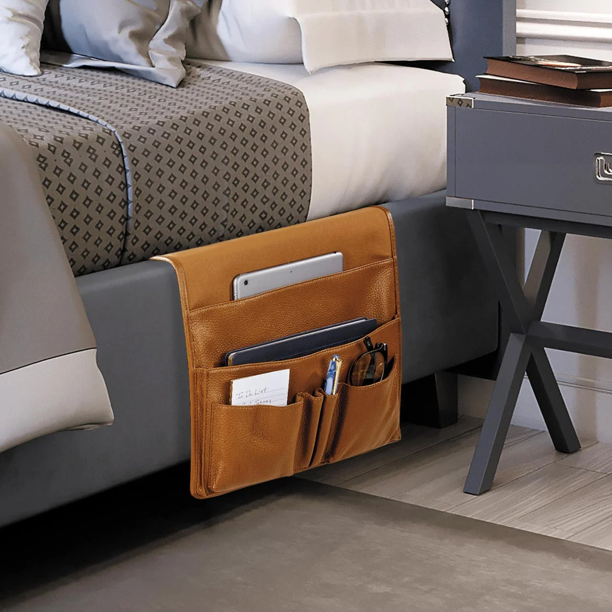 Leather Bedside Organizer with Microsuede Lining for Reading Essentials Beside Your Bed or Sofa