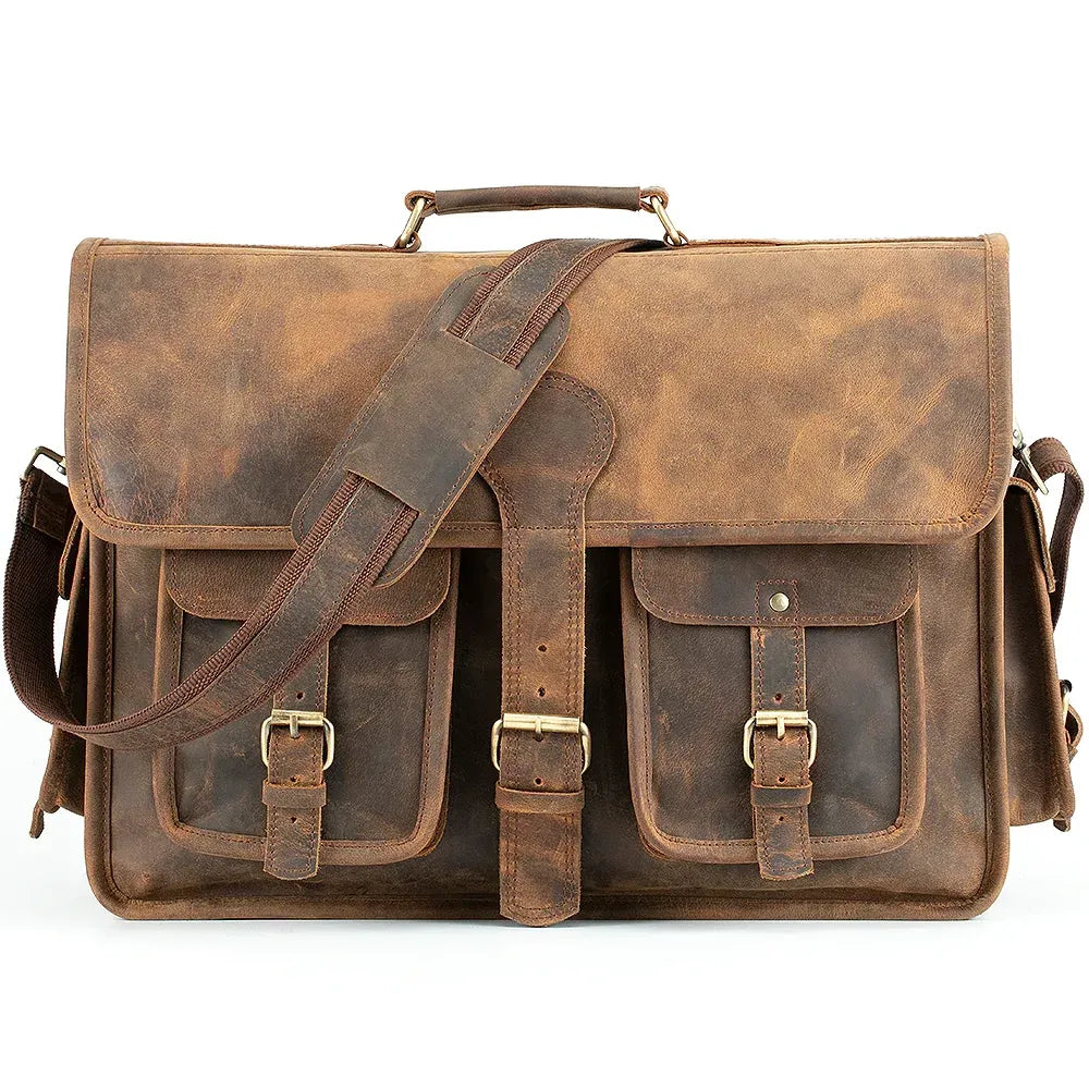 Leather Briefcase with Padded Laptop Compartment, Adjustable Strap and Buckle Pockets in 16 or 18 Inch Sizes