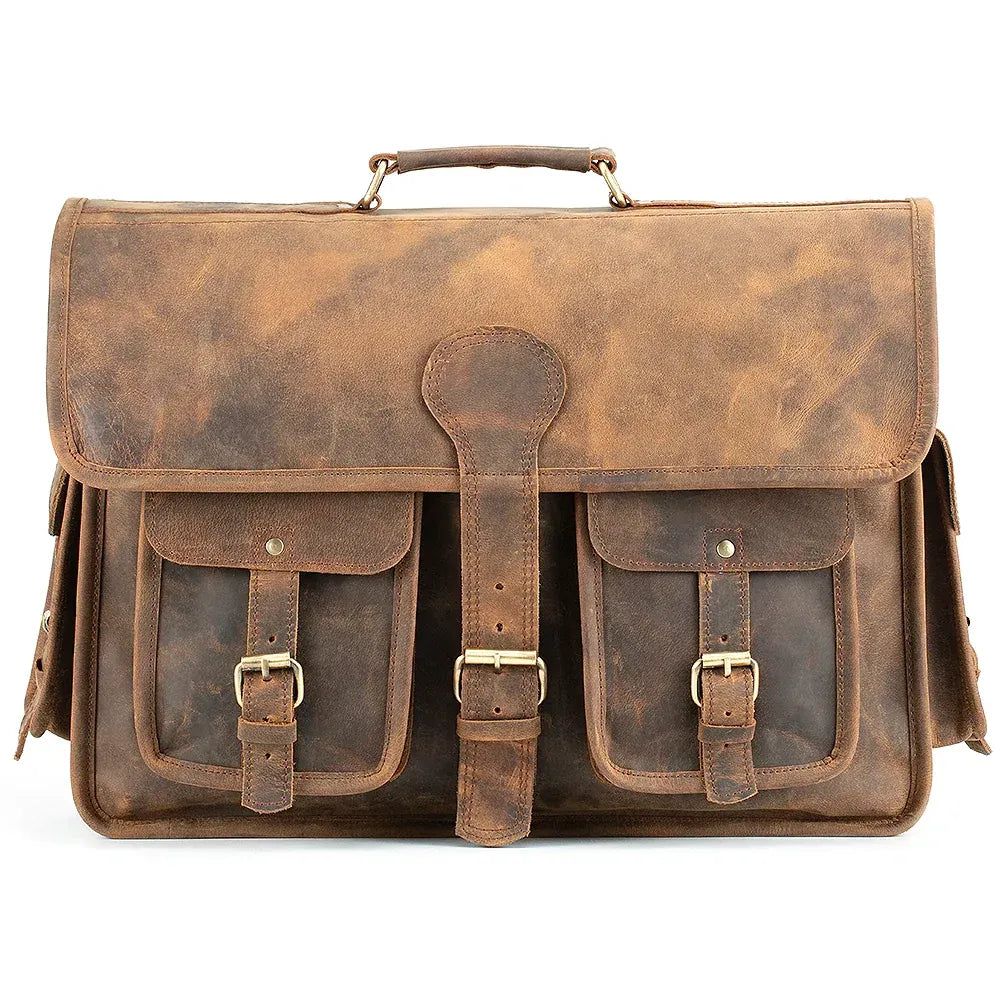 Leather Briefcase with Padded Laptop Compartment, Adjustable Strap and Buckle Pockets in 16 or 18 Inch Sizes