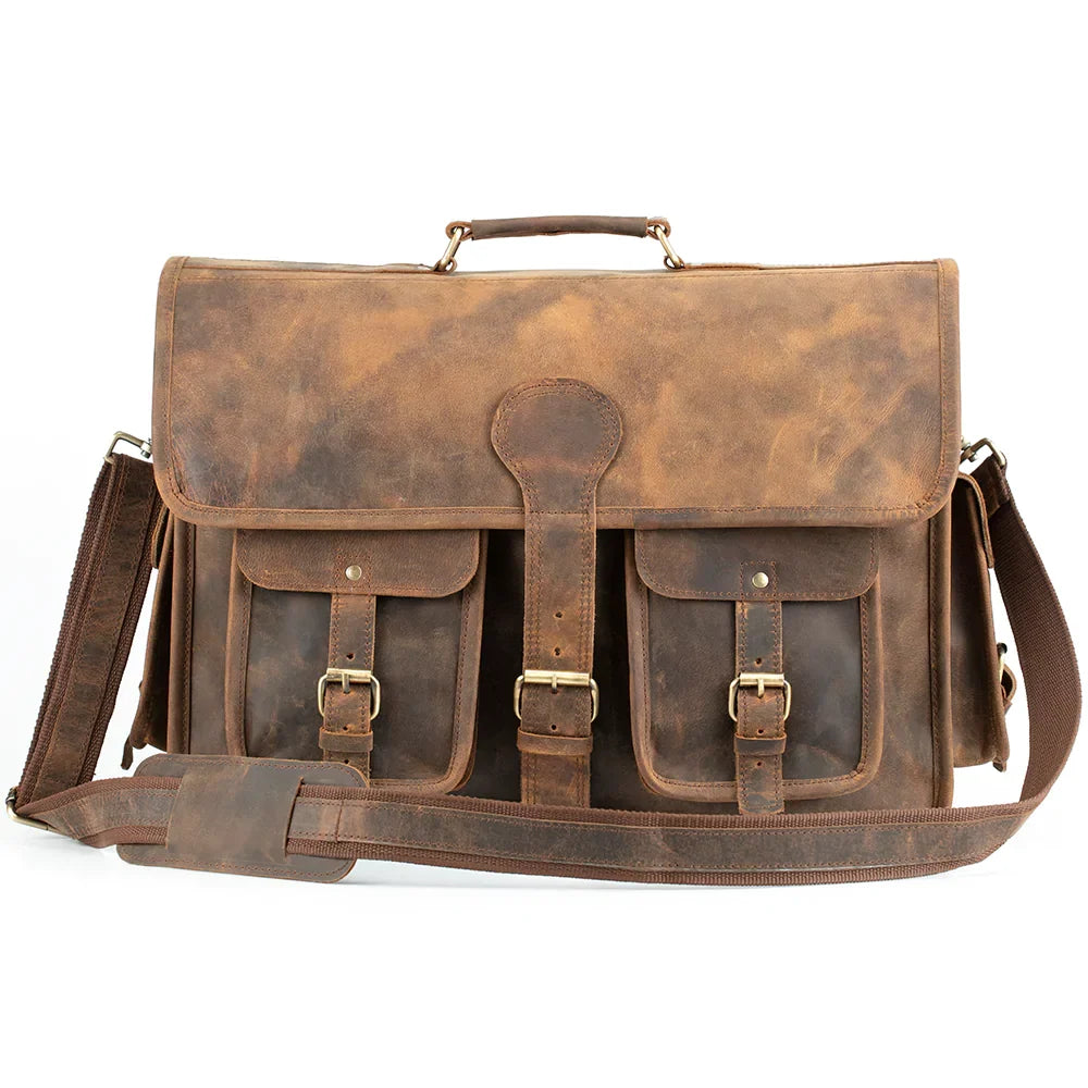 Leather Briefcase with Padded Laptop Compartment, Adjustable Strap and Buckle Pockets in 16 or 18 Inch Sizes
