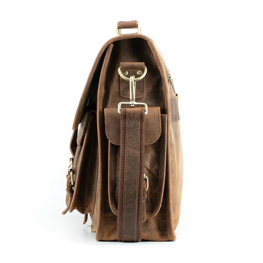 Leather Briefcase with Padded Laptop Compartment, Adjustable Strap and Buckle Pockets in 16 or 18 Inch Sizes
