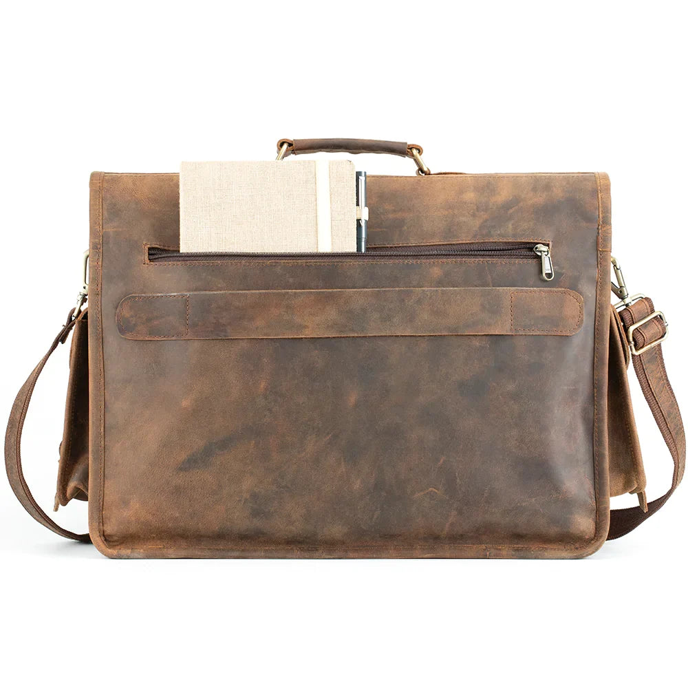 Leather Briefcase with Padded Laptop Compartment, Adjustable Strap and Buckle Pockets in 16 or 18 Inch Sizes