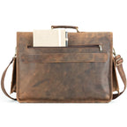 Leather Briefcase with Padded Laptop Compartment, Adjustable Strap and Buckle Pockets in 16 or 18 Inch Sizes
