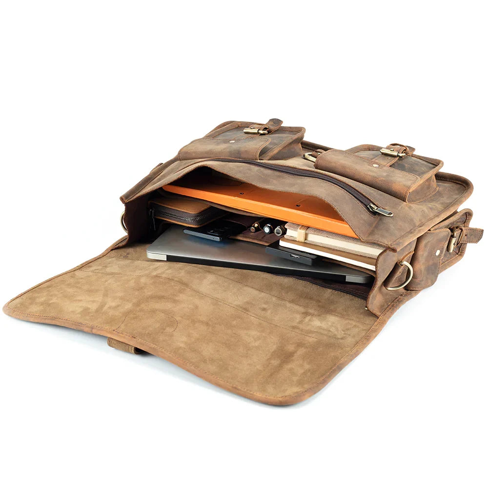 Leather Briefcase with Padded Laptop Compartment, Adjustable Strap and Buckle Pockets in 16 or 18 Inch Sizes