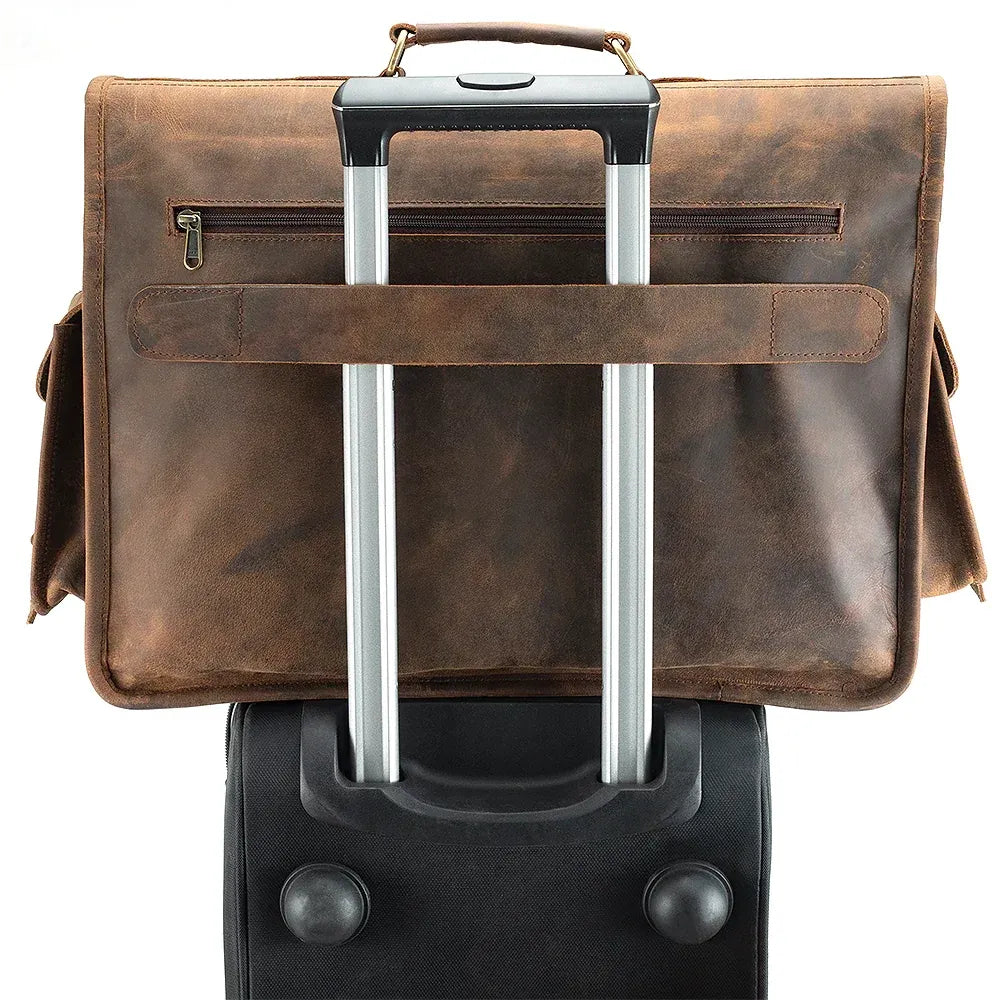 Leather Briefcase with Padded Laptop Compartment, Adjustable Strap and Buckle Pockets in 16 or 18 Inch Sizes