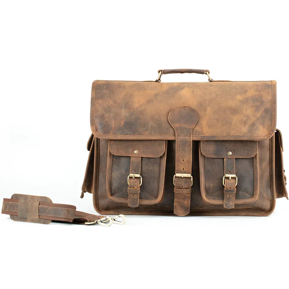Leather Briefcase with Padded Laptop Compartment, Adjustable Strap and Buckle Pockets in 16 or 18 Inch Sizes
