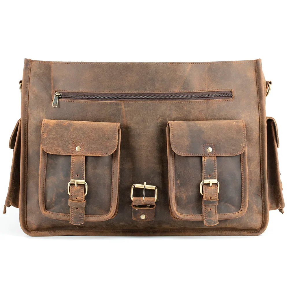Leather Briefcase with Padded Laptop Compartment, Adjustable Strap and Buckle Pockets in 16 or 18 Inch Sizes
