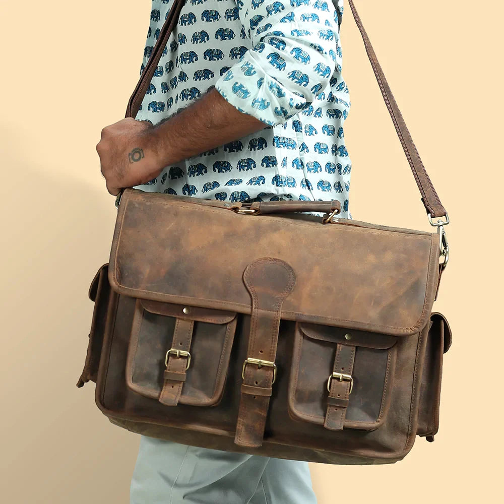 Leather Briefcase with Padded Laptop Compartment, Adjustable Strap and Buckle Pockets in 16 or 18 Inch Sizes