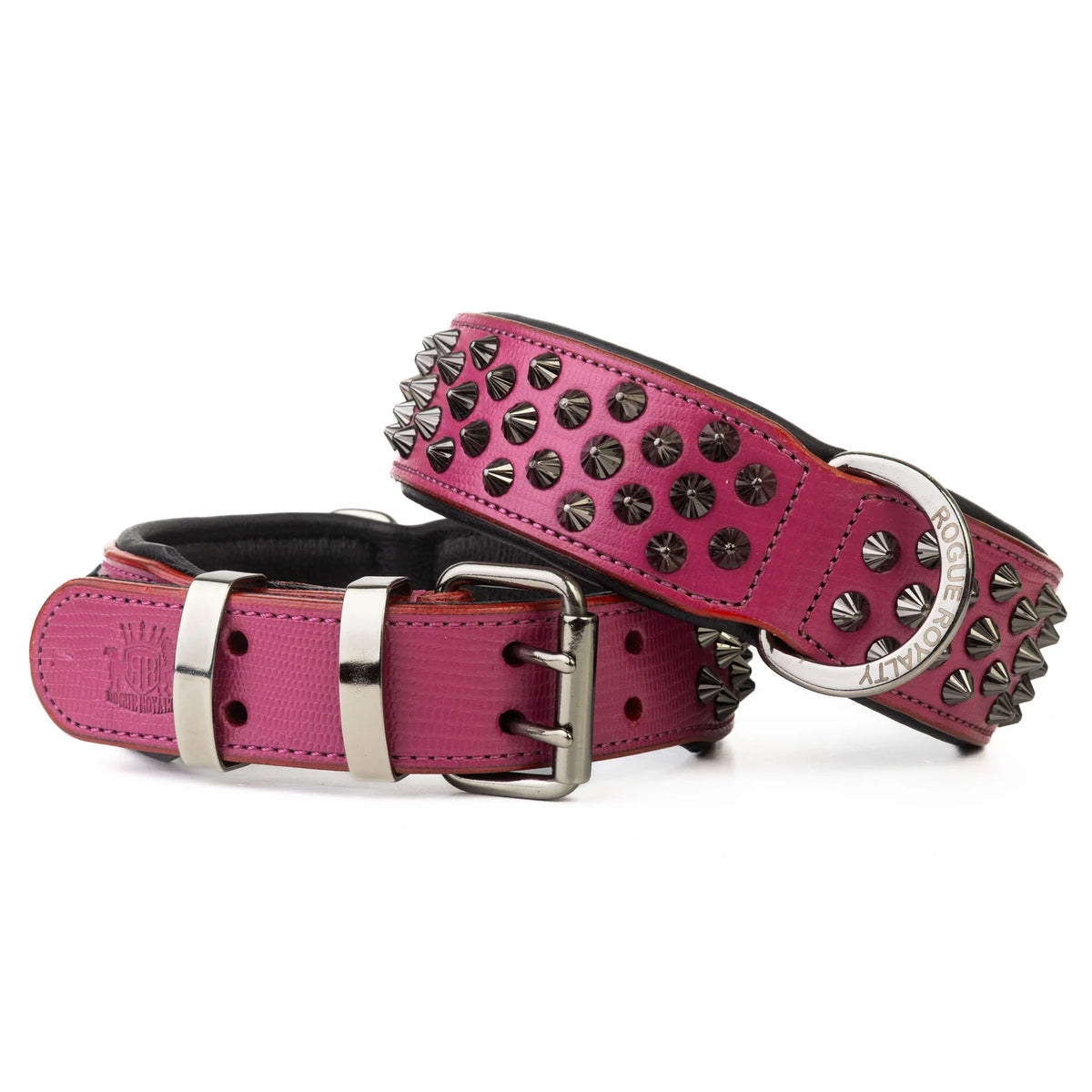 Leather Dog Collar in Pink and Black with Pyramid Studs, Wide Fit, Double-Layered Construction and Multiple Neck Sizes