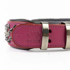 Leather Dog Collar in Pink and Black with Pyramid Studs, Wide Fit, Double-Layered Construction and Multiple Neck Sizes