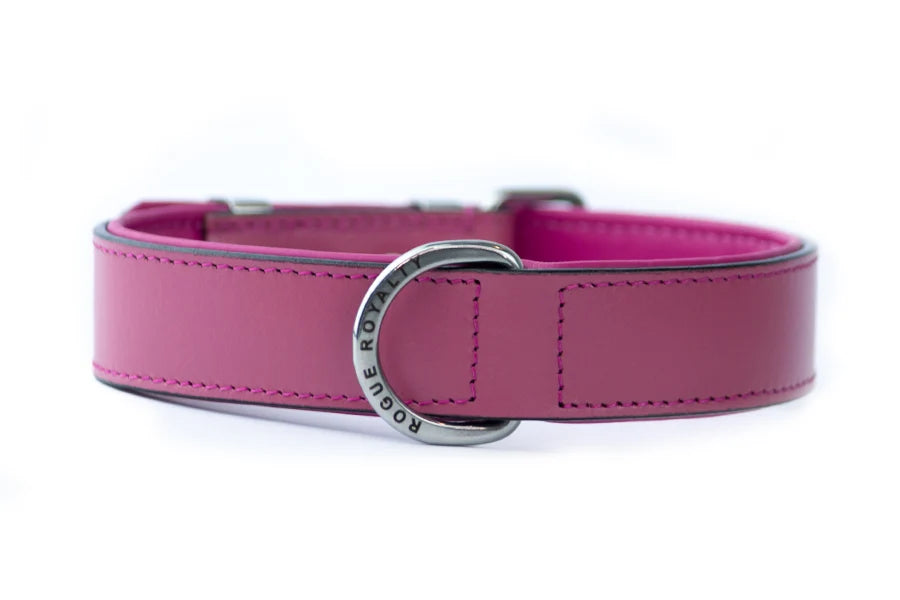 Leather Dog Collar in Pink with Chrome Hardware, Roller Buckle and Secure D-Ring for Everyday Wear