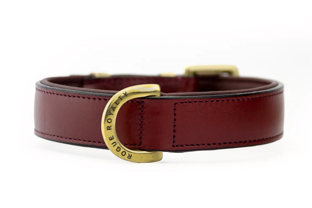 Leather Dog Collar with Cherry Leather, Brass Hardware and Adjustable Regular Fit for Everyday Walks