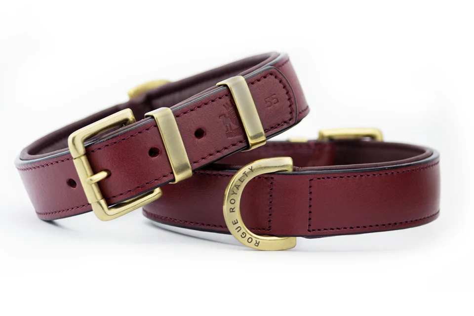 Leather Dog Collar with Cherry Leather, Brass Hardware and Adjustable Regular Fit for Everyday Walks