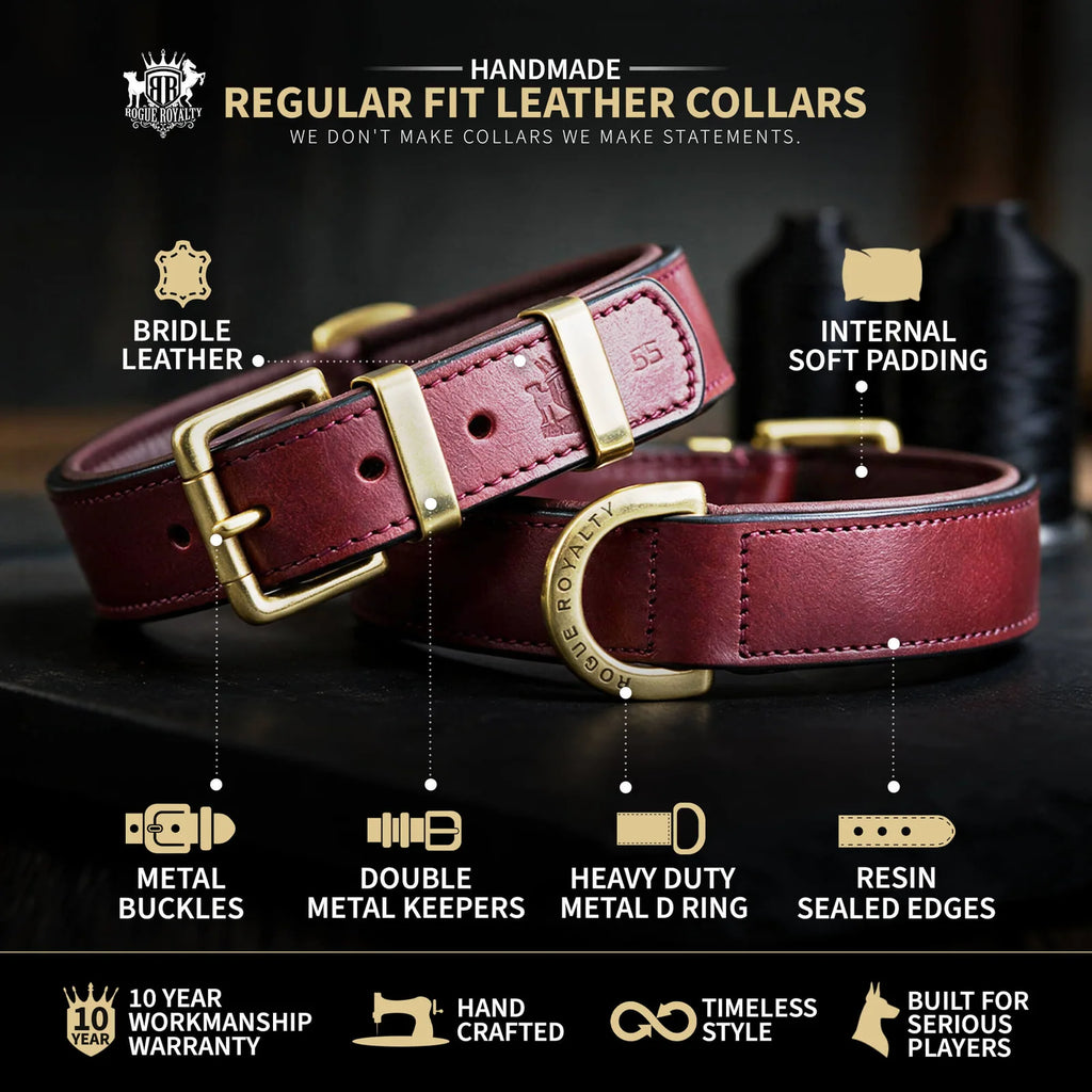 Leather Dog Collar with Cherry Leather, Brass Hardware and Adjustable Regular Fit for Everyday Walks