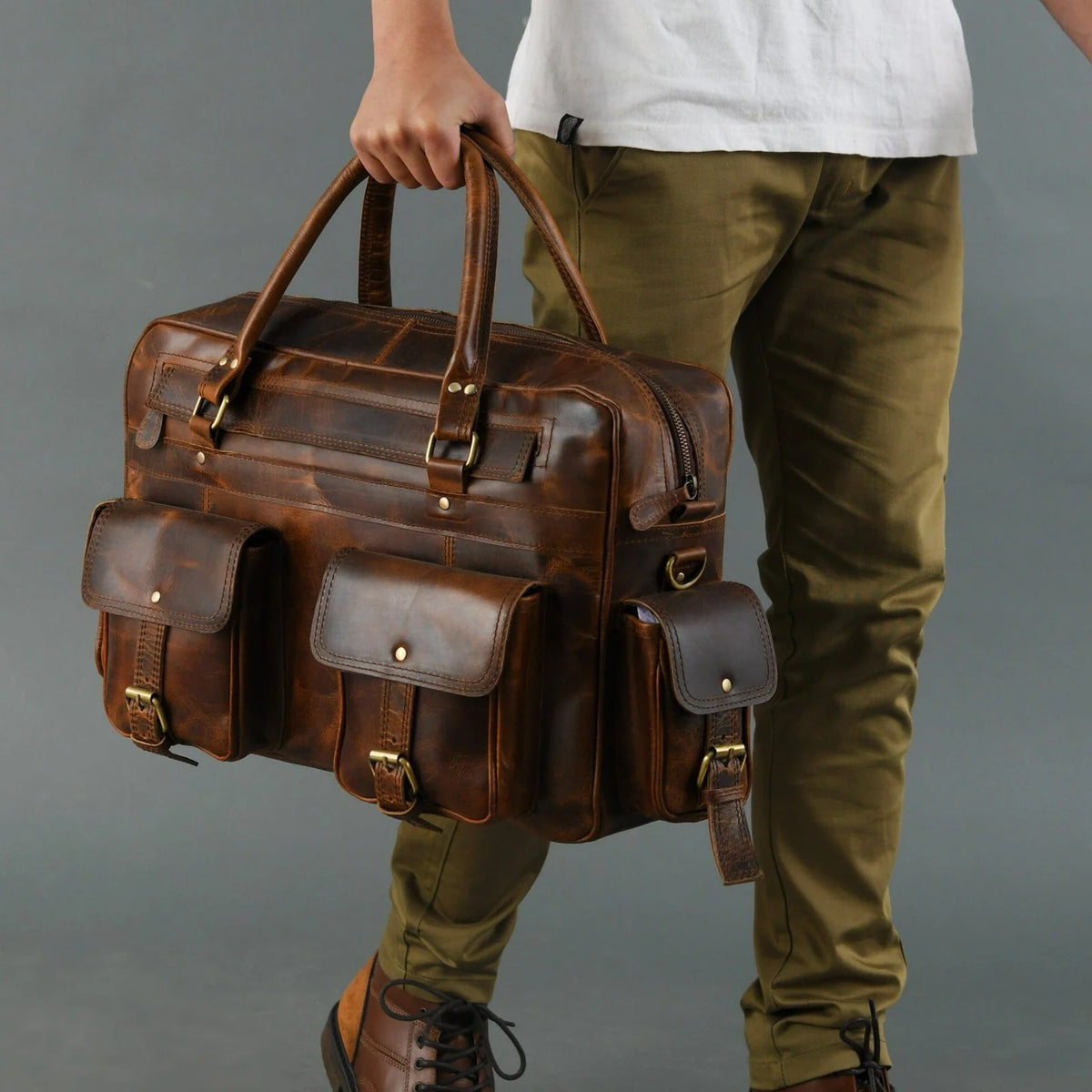 Leather Laptop Briefcase in Brown with Padded Compartment, Adjustable Shoulder Strap and Organized Work Storage