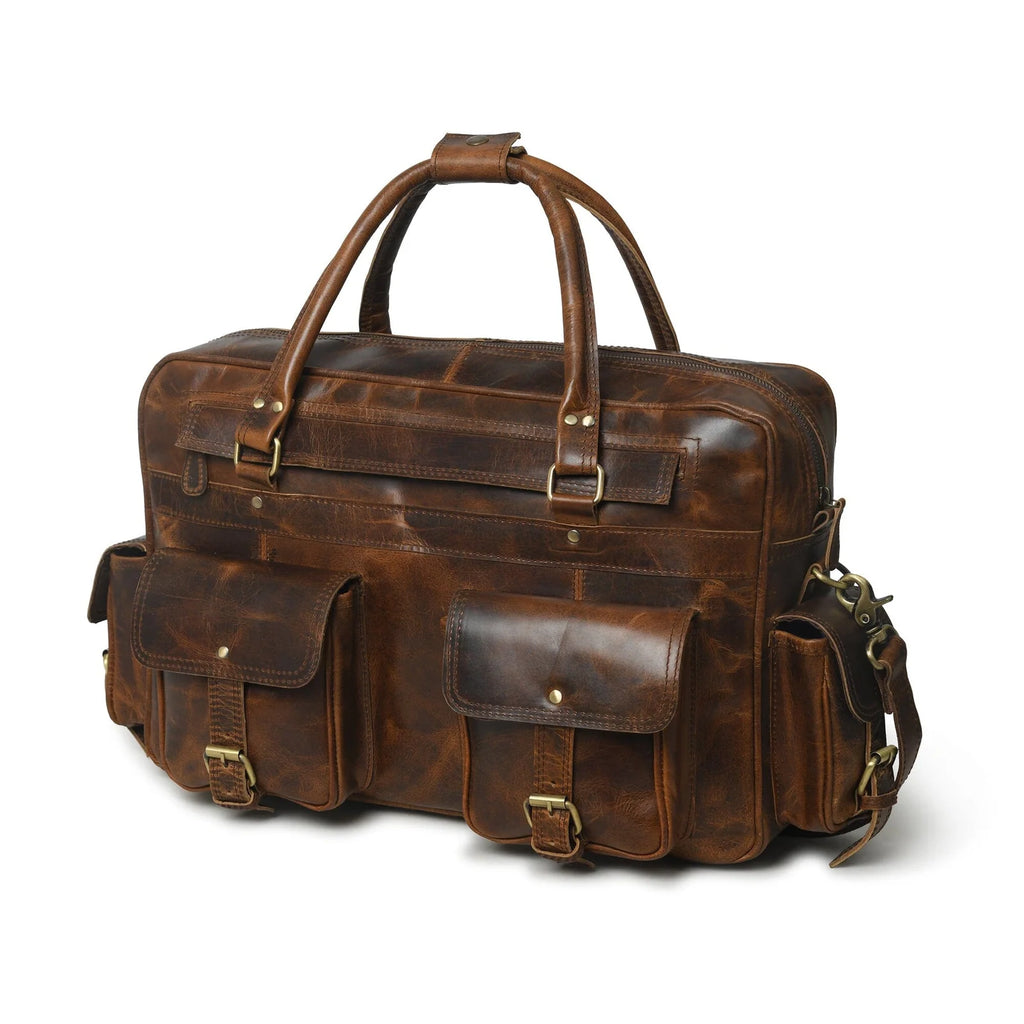 Leather Laptop Briefcase in Brown with Padded Compartment, Adjustable Shoulder Strap and Organized Work Storage