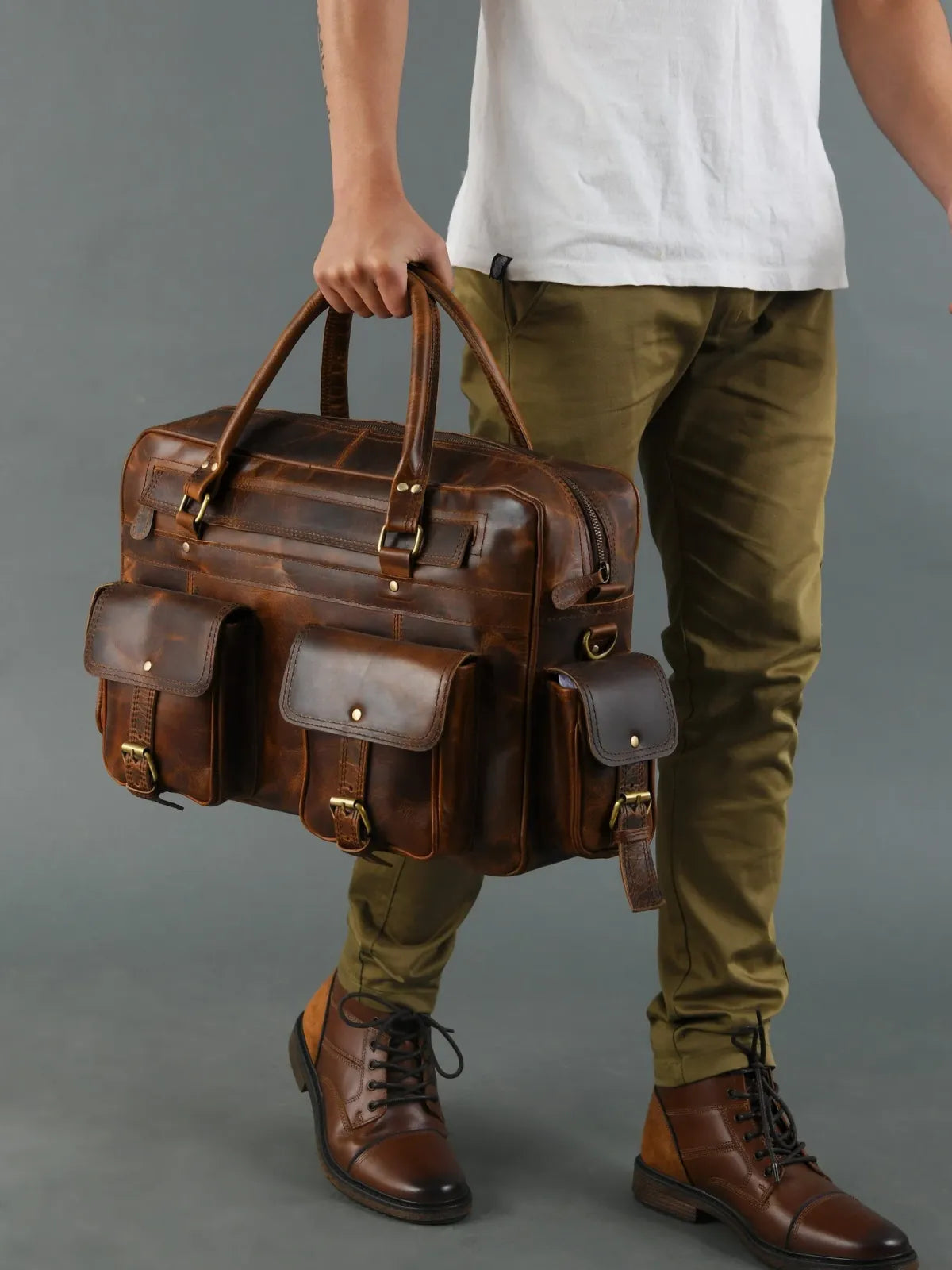 Leather Laptop Briefcase in Brown with Padded Compartment, Adjustable Shoulder Strap and Organized Work Storage