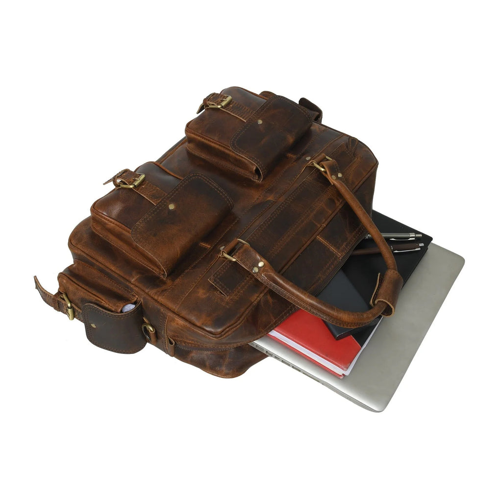 Leather Laptop Briefcase in Brown with Padded Compartment, Adjustable Shoulder Strap and Organized Work Storage