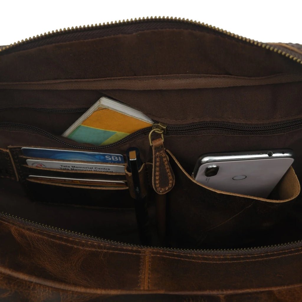 Leather Laptop Briefcase in Brown with Padded Compartment, Adjustable Shoulder Strap and Organized Work Storage