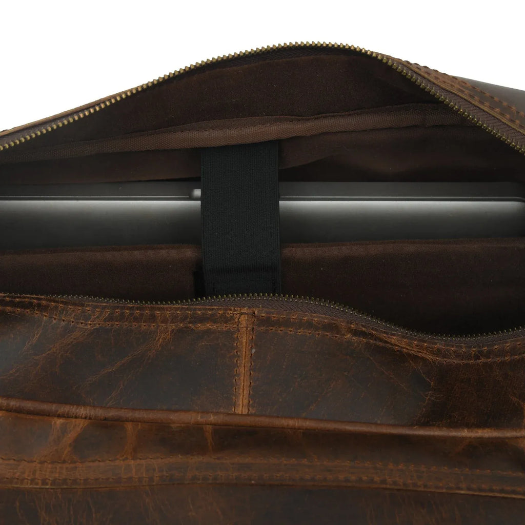 Leather Laptop Briefcase in Brown with Padded Compartment, Adjustable Shoulder Strap and Organized Work Storage