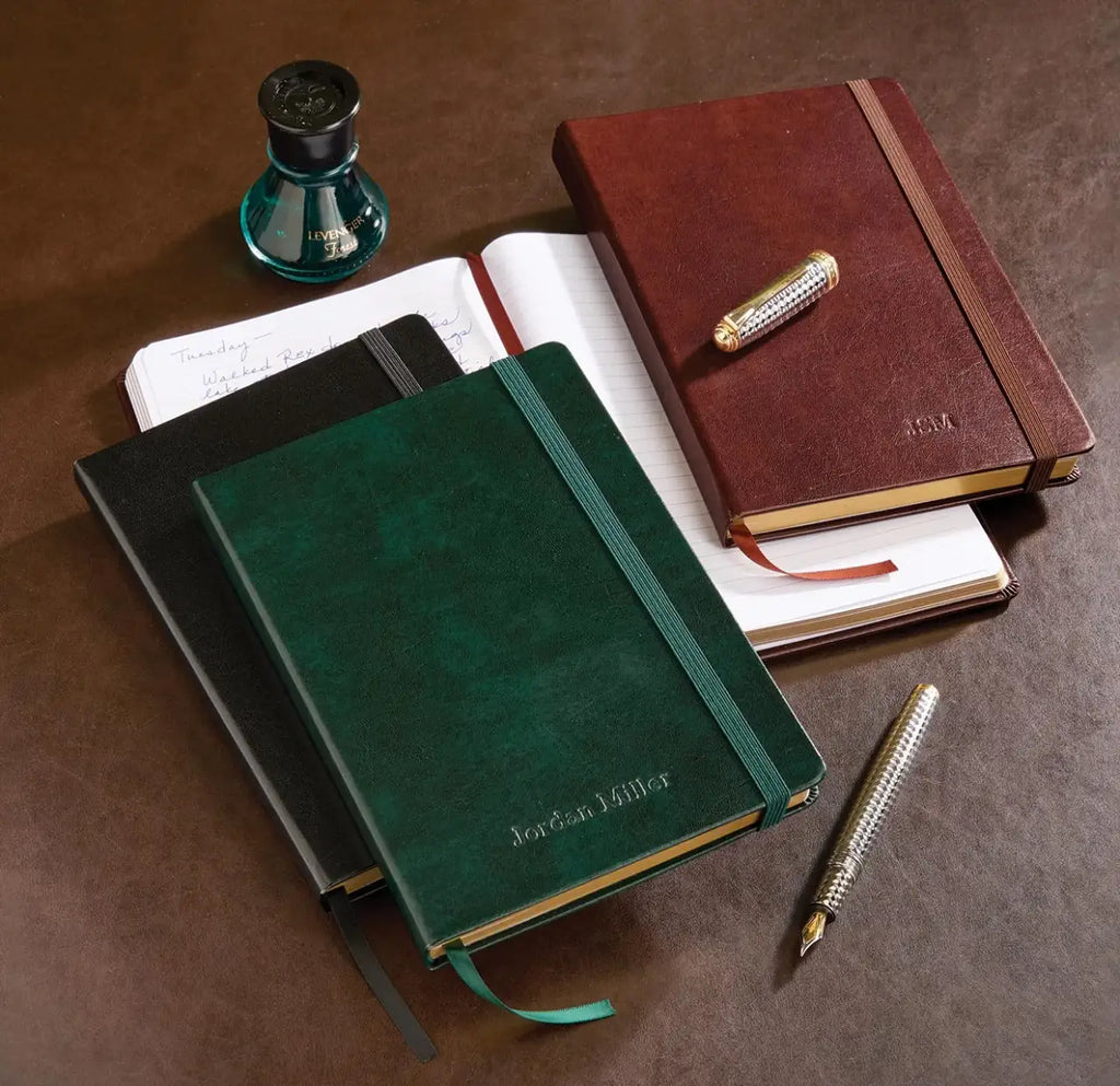 Leather Notebook with Gold-Edged Ruled Pages, Elastic Closure and Ribbon Bookmark in Brown, Pine or Black