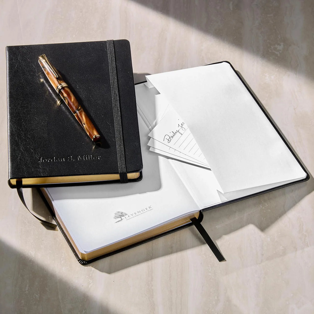 Leather Notebook with Gold-Edged Ruled Pages, Elastic Closure and Ribbon Bookmark in Brown, Pine or Black