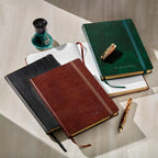 Leather Notebook with Gold-Edged Ruled Pages, Elastic Closure and Ribbon Bookmark in Brown, Pine or Black