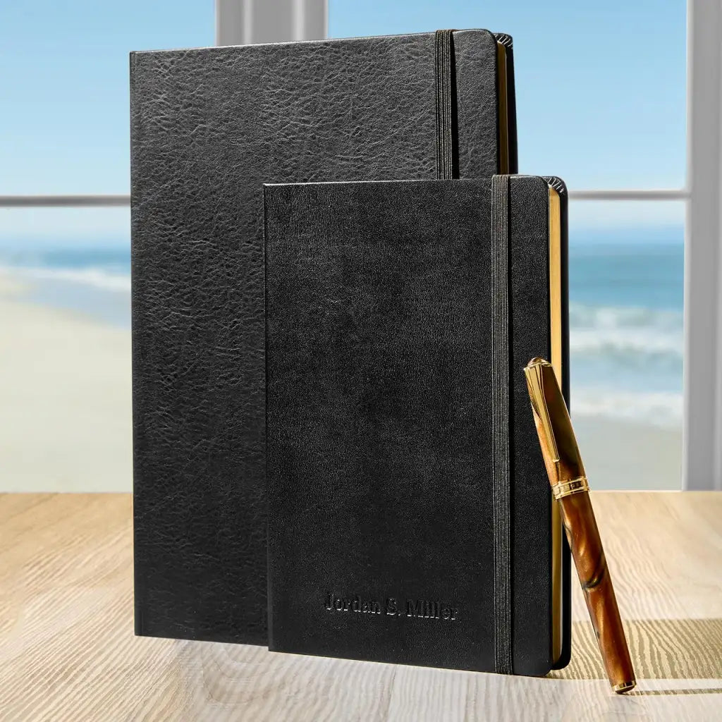 Leather Notebook with Gold-Edged Ruled Pages, Elastic Closure and Ribbon Bookmark in Brown, Pine or Black