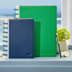 Leather Notebook with Pockets, Foldover Disc-Bound Cover, Pen Loop, Pebbled Full-Grain Leather, Junior or Letter
