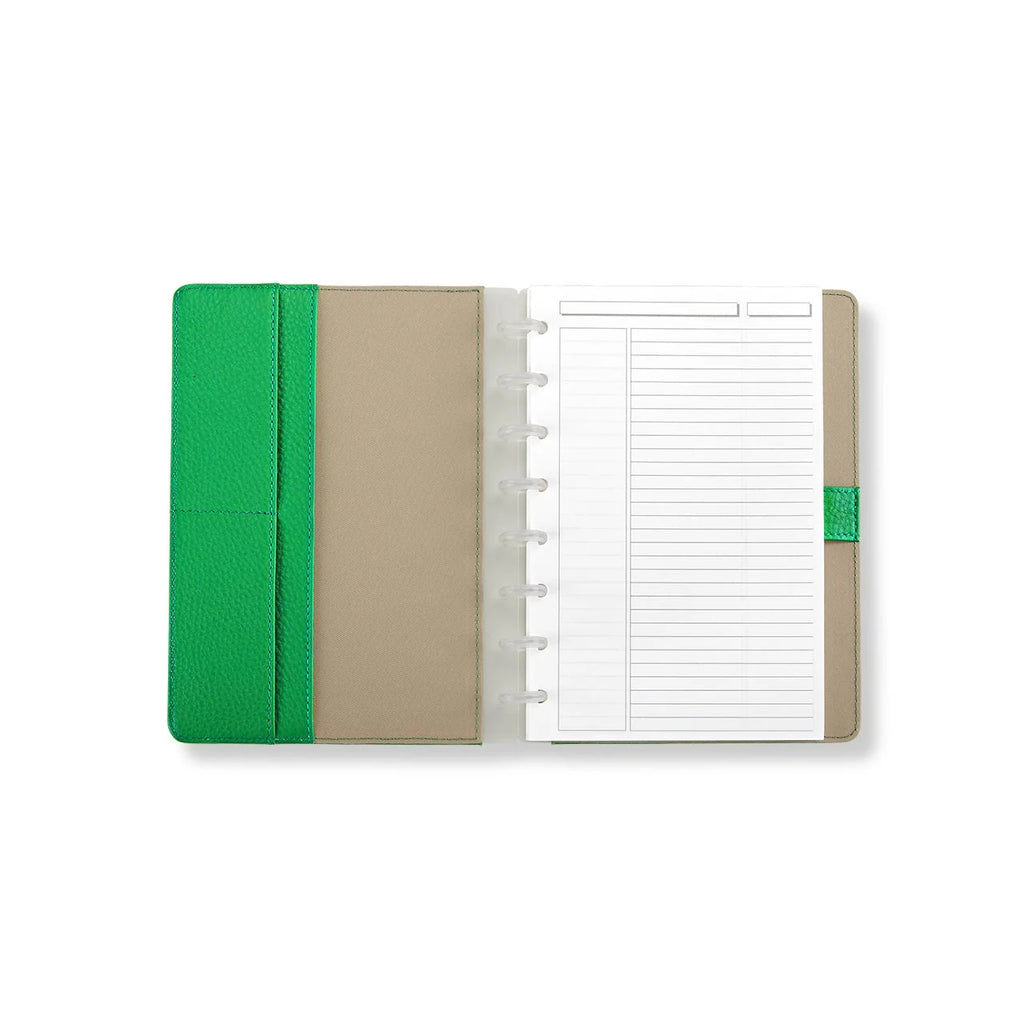 Leather Notebook with Pockets, Foldover Disc-Bound Cover, Pen Loop, Pebbled Full-Grain Leather, Junior or Letter