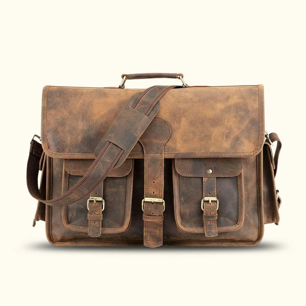 Leather Satchel Briefcase in Full-Grain Buffalo Leather with Two Interior Laptop Slee — Camel Brown / 16" / Camel Brown / 18"