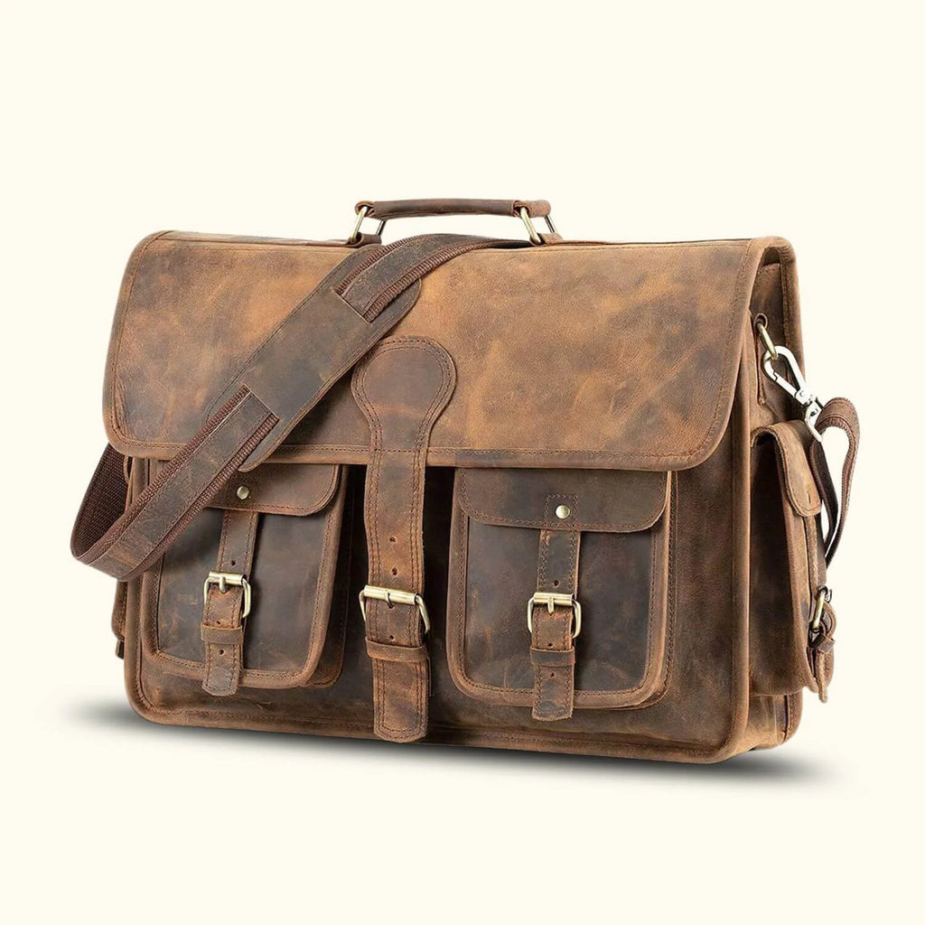 Leather Satchel Briefcase in Full-Grain Buffalo Leather with Two Interior Laptop Sleeves and a Trolley Strap