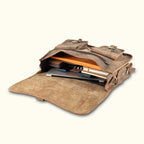 Leather Satchel Briefcase in Full-Grain Buffalo Leather with Two Interior Laptop Sleeves and a Trolley Strap
