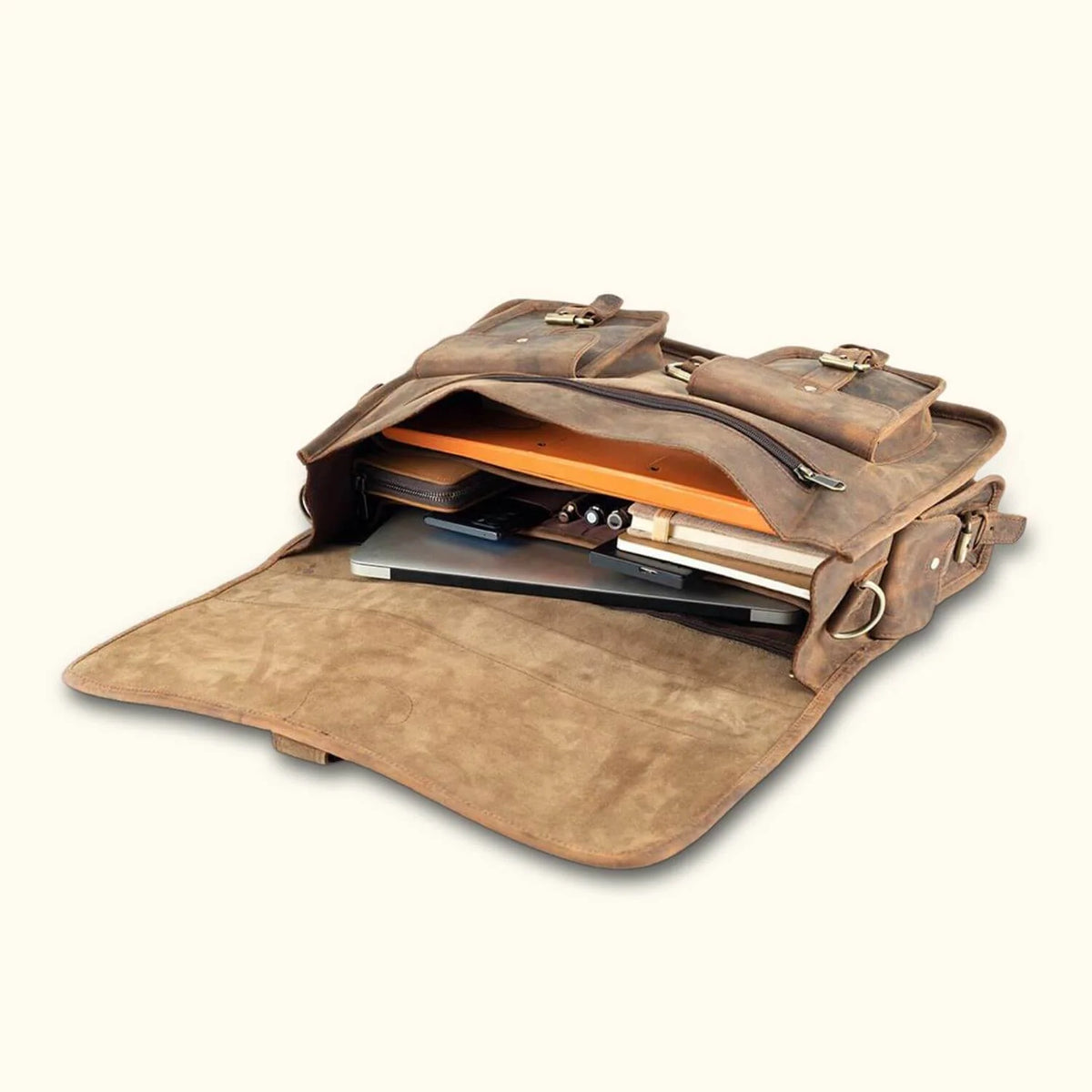 Leather Satchel Briefcase in Full-Grain Buffalo Leather with Two Interior Laptop Sleeves and a Trolley Strap