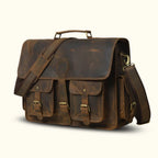 Leather Satchel Briefcase in Full-Grain Buffalo Leather with Two Interior Laptop Sleeves and a Trolley Strap