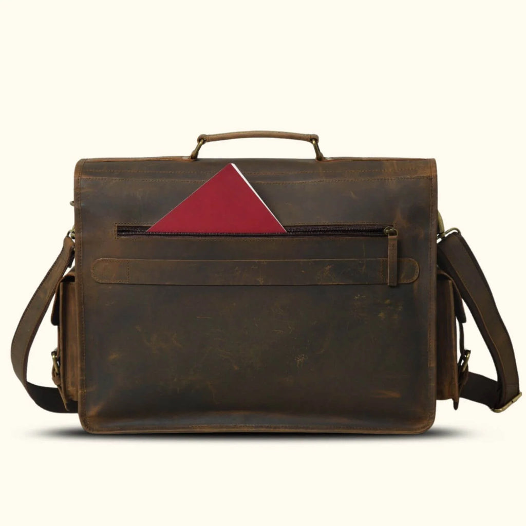 Leather Satchel Briefcase in Full-Grain Buffalo Leather with Two Interior Laptop Sleeves and a Trolley Strap