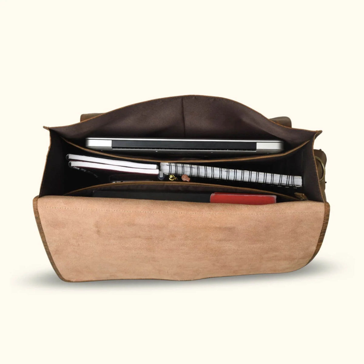 Leather Satchel Briefcase in Full-Grain Buffalo Leather with Two Interior Laptop Sleeves and a Trolley Strap