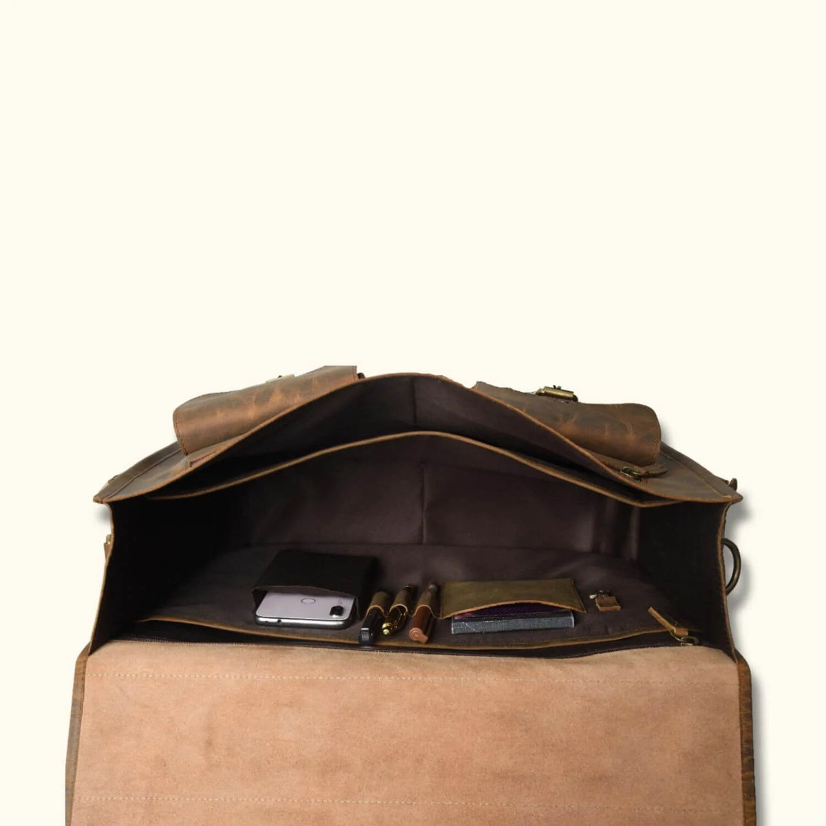 Leather Satchel Briefcase in Full-Grain Buffalo Leather with Two Interior Laptop Sleeves and a Trolley Strap