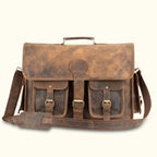 Leather Satchel Briefcase in Full-Grain Buffalo Leather with Two Interior Laptop Sleeves and a Trolley Strap