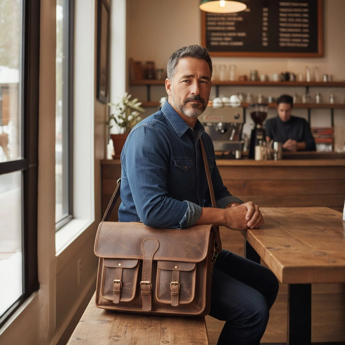 Leather Satchel Briefcase in Full-Grain Buffalo Leather with Two Interior Laptop Sleeves and a Trolley Strap