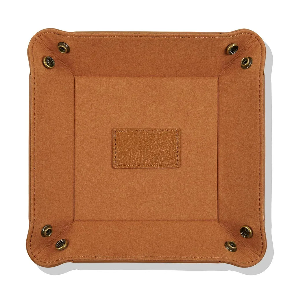 Leather Valet Tray for Keys and Wallet, Four Snap Corners Fold Flat for Travel and Everyday Desk Storage