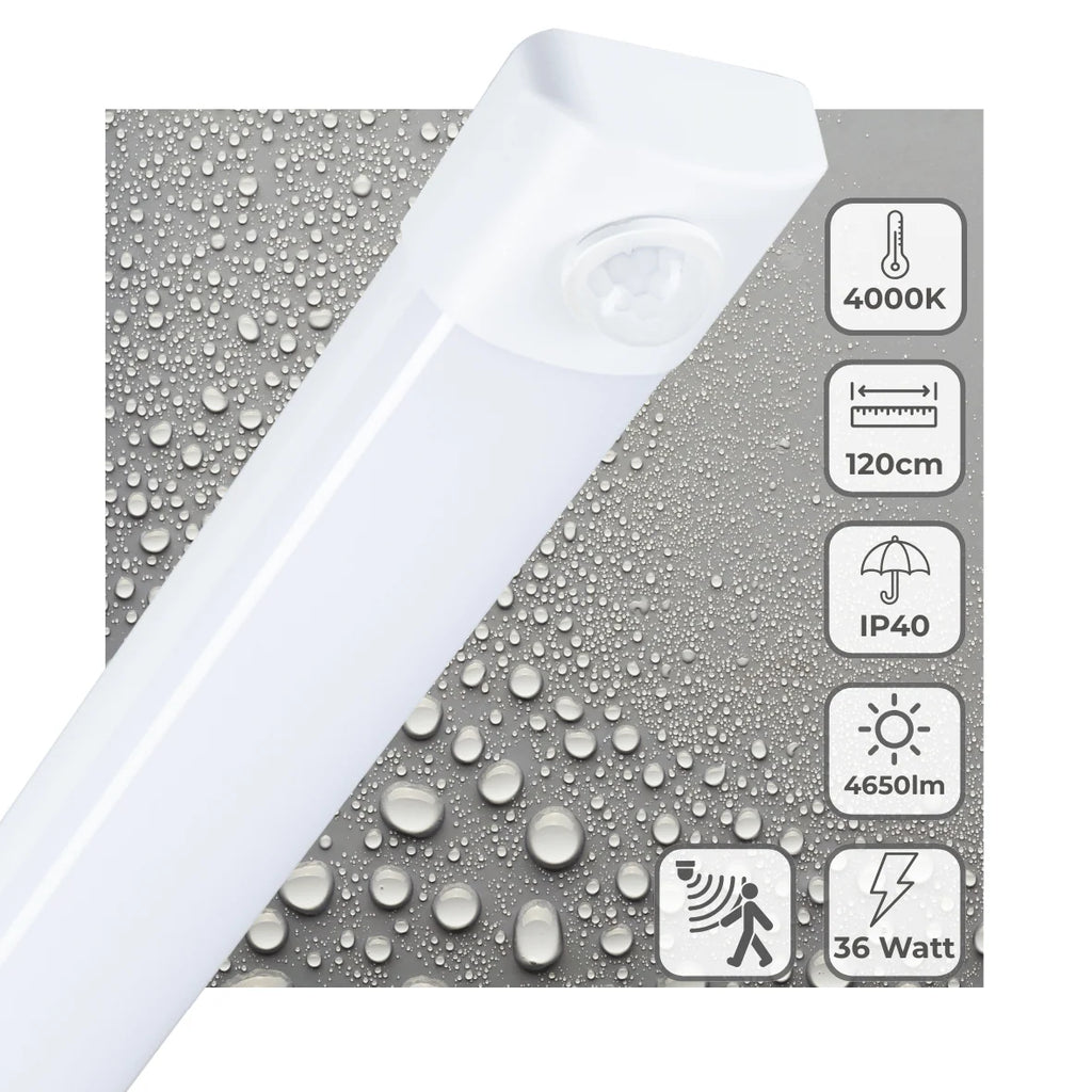 LED Batten Light with PIR Motion Sensor, 120 cm Slim Fixture Delivering 4650 Lumens at 36W for Indoor Spaces