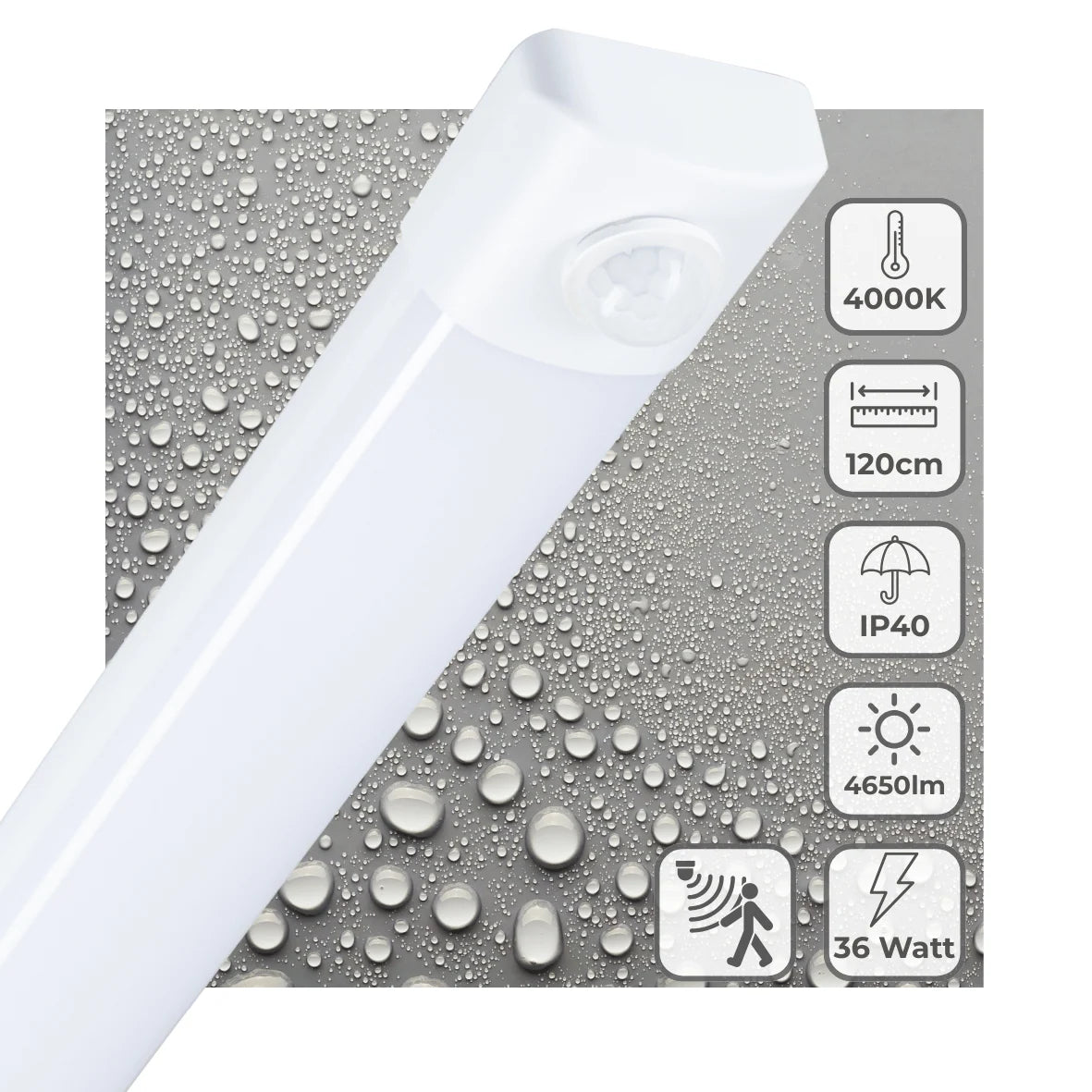 LED Batten Light with PIR Motion Sensor, 120 cm Slim Fixture Delivering 4650 Lumens at 36W for Indoor Spaces