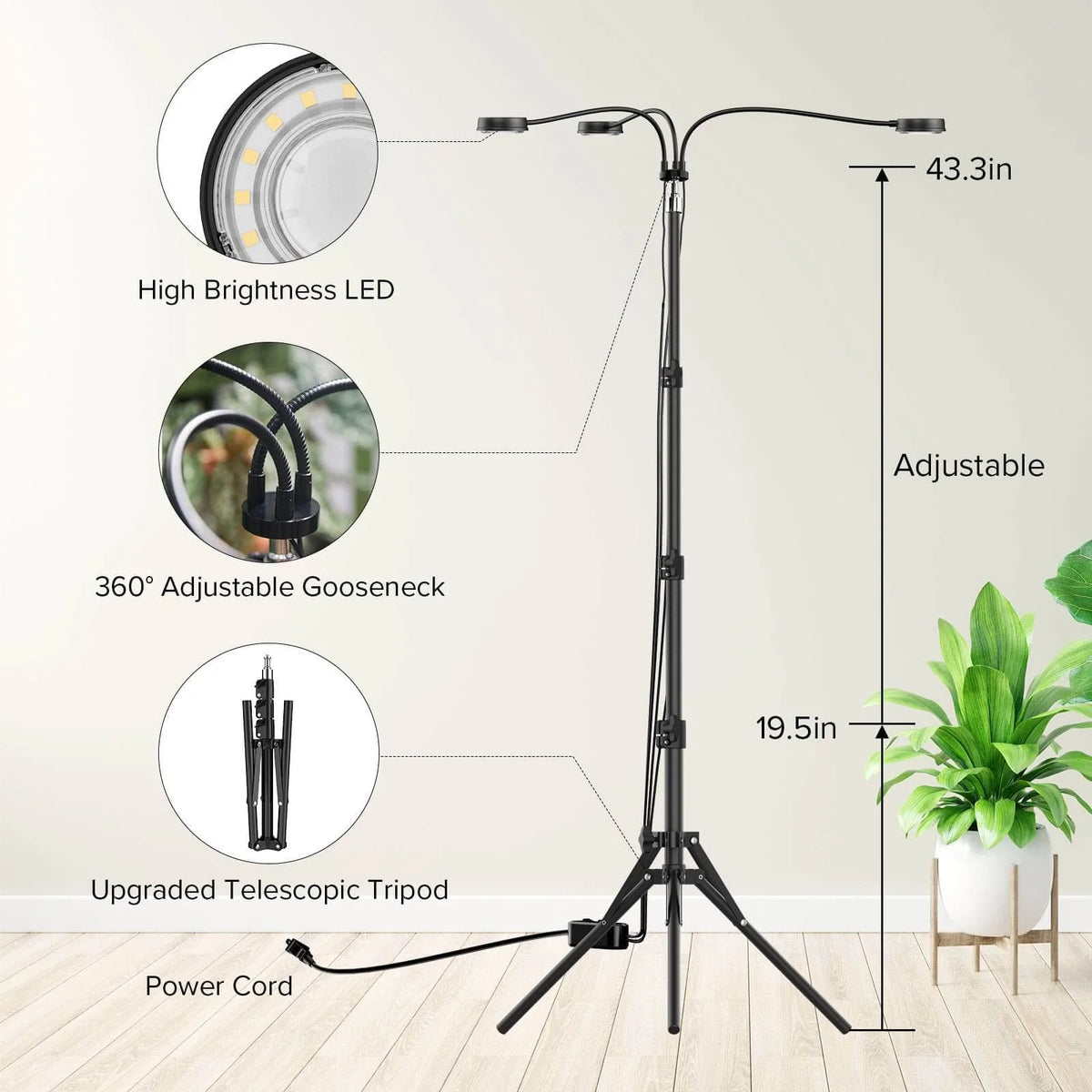 LED Grow Light with a 35–65 Inch Adjustable Tripod and Three Flexible Heads for Indoor Houseplants